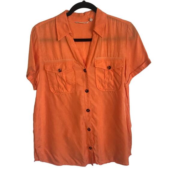 Soft Surroundings Size Small Orange Satin Feel Short Sleeve Button Down Blouse - Picture 1 of 6